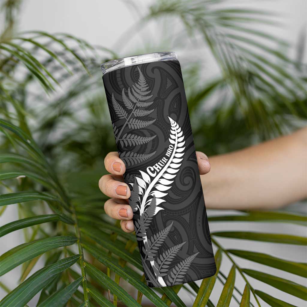 Personalised New Zealand Chur Bro Skinny Tumbler Maori Koru With Silver Fern