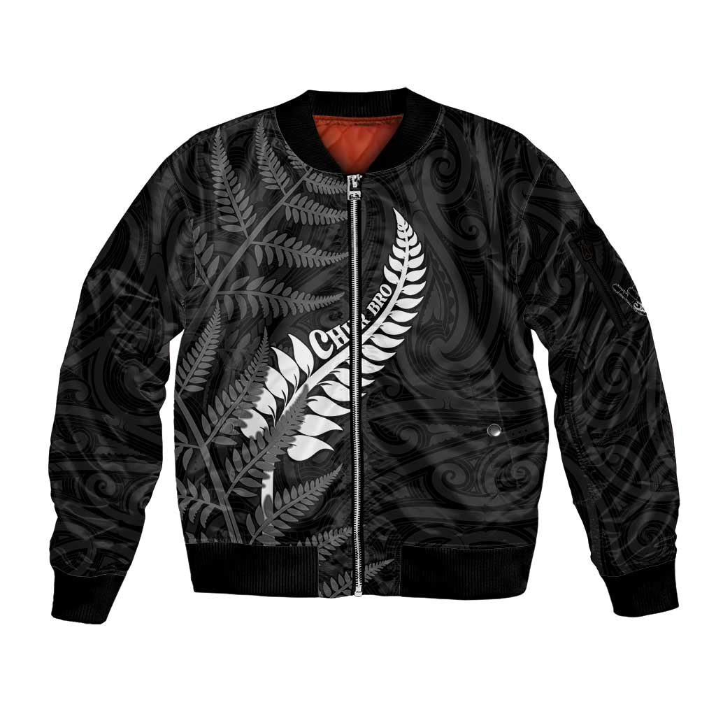 Personalised New Zealand Chur Bro Sleeve Zip Bomber Jacket Maori Koru With Silver Fern