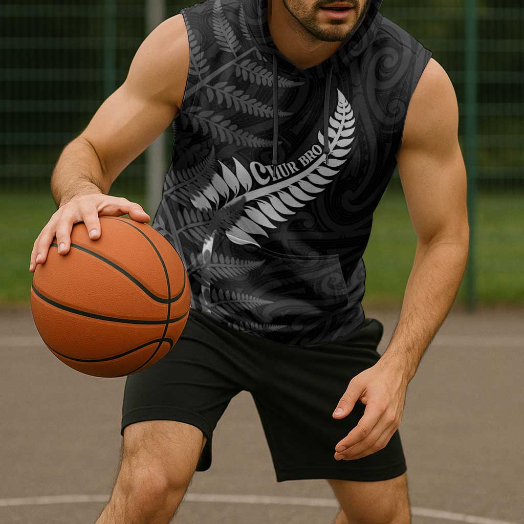 Personalised New Zealand Chur Bro Sleeveless Hoodie Maori Koru With Silver Fern