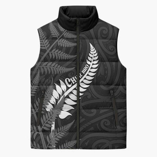 Personalised New Zealand Chur Bro Sleeveless Puffer Jacket Maori Koru With Silver Fern