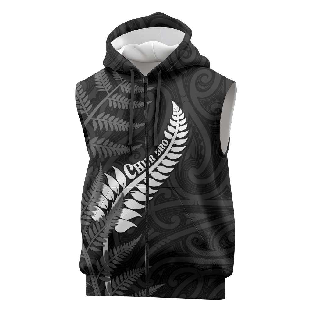 Personalised New Zealand Chur Bro Sleeveless Zip Hoodie Maori Koru With Silver Fern
