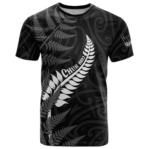 Personalised New Zealand Chur Bro T Shirt Maori Koru With Silver Fern