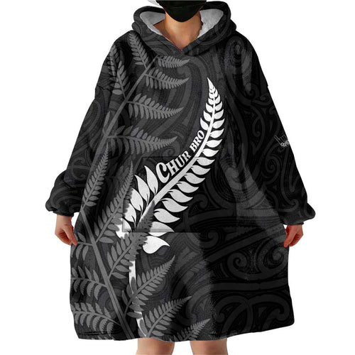 Personalised New Zealand Chur Bro Wearable Blanket Hoodie Maori Koru With Silver Fern