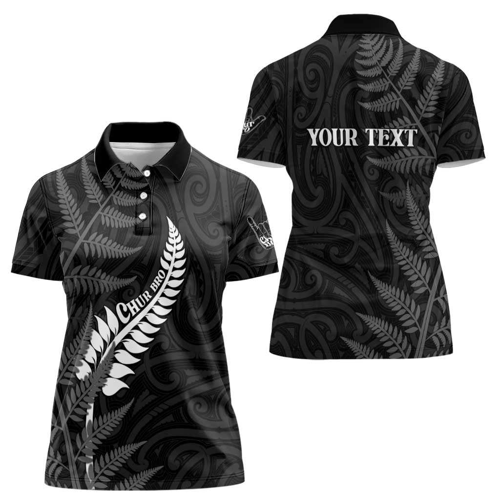 Personalised New Zealand Chur Bro Women Polo Shirt Maori Koru With Silver Fern