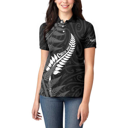 Personalised New Zealand Chur Bro Women Polo Shirt Maori Koru With Silver Fern