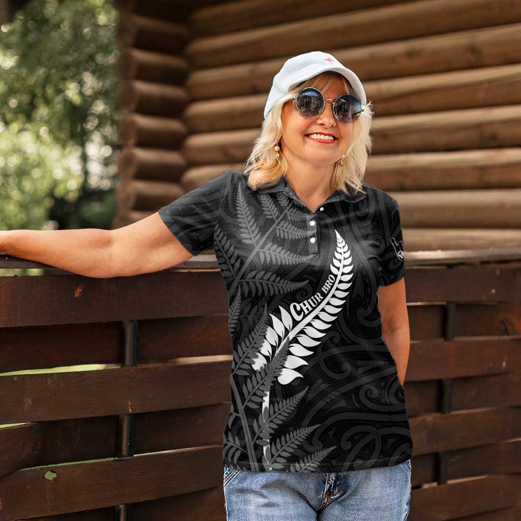 Personalised New Zealand Chur Bro Women Polo Shirt Maori Koru With Silver Fern