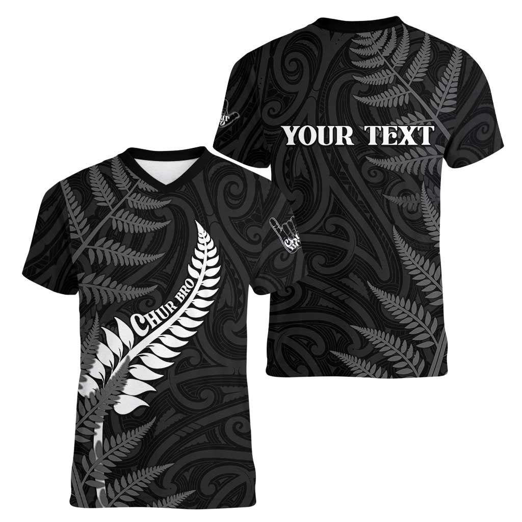 Personalised New Zealand Chur Bro Women V-Neck T-Shirt Maori Koru With Silver Fern