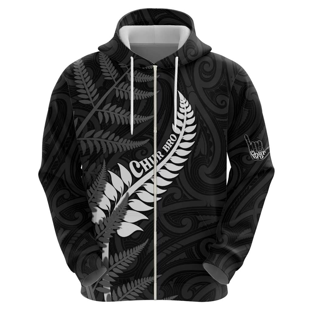 Personalised New Zealand Chur Bro Zip Hoodie Maori Koru With Silver Fern