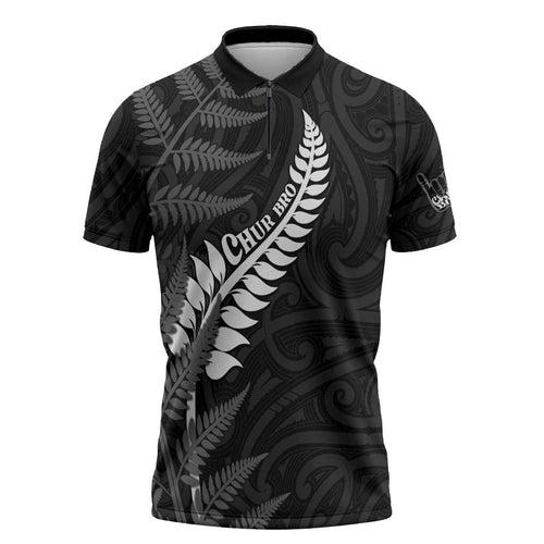 Personalised New Zealand Chur Bro Zipper Polo Shirt Maori Koru With Silver Fern