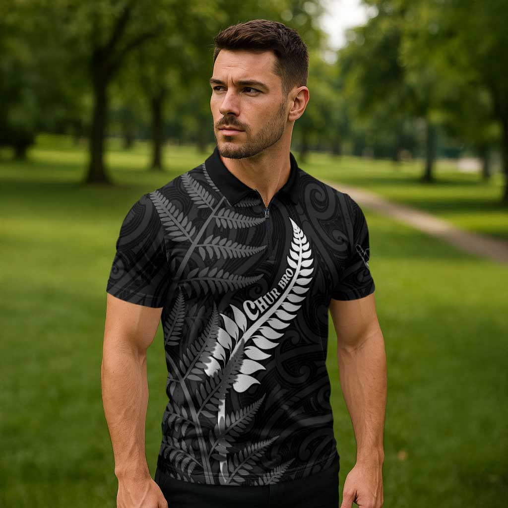 Personalised New Zealand Chur Bro Zipper Polo Shirt Maori Koru With Silver Fern