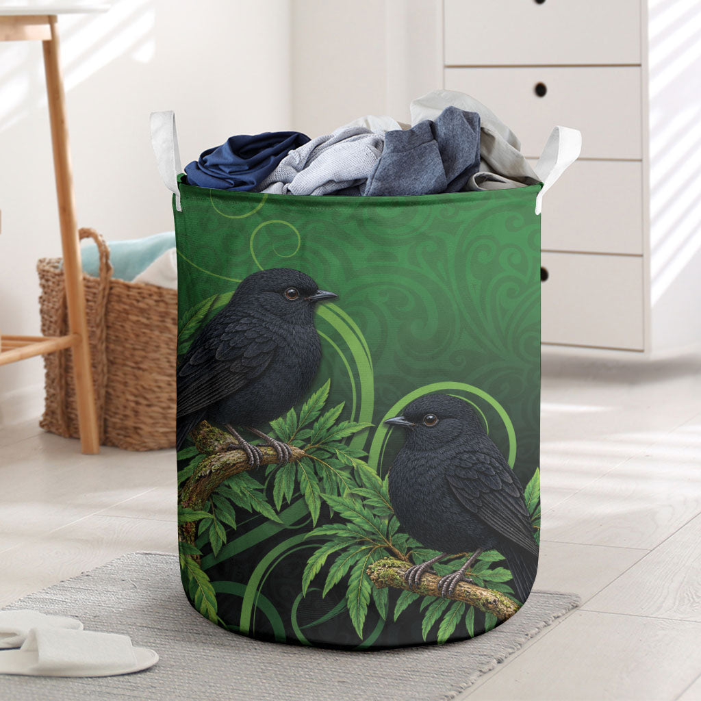 New Zealand Black Robin Laundry Basket Karure Maori Koru Art Tattoo