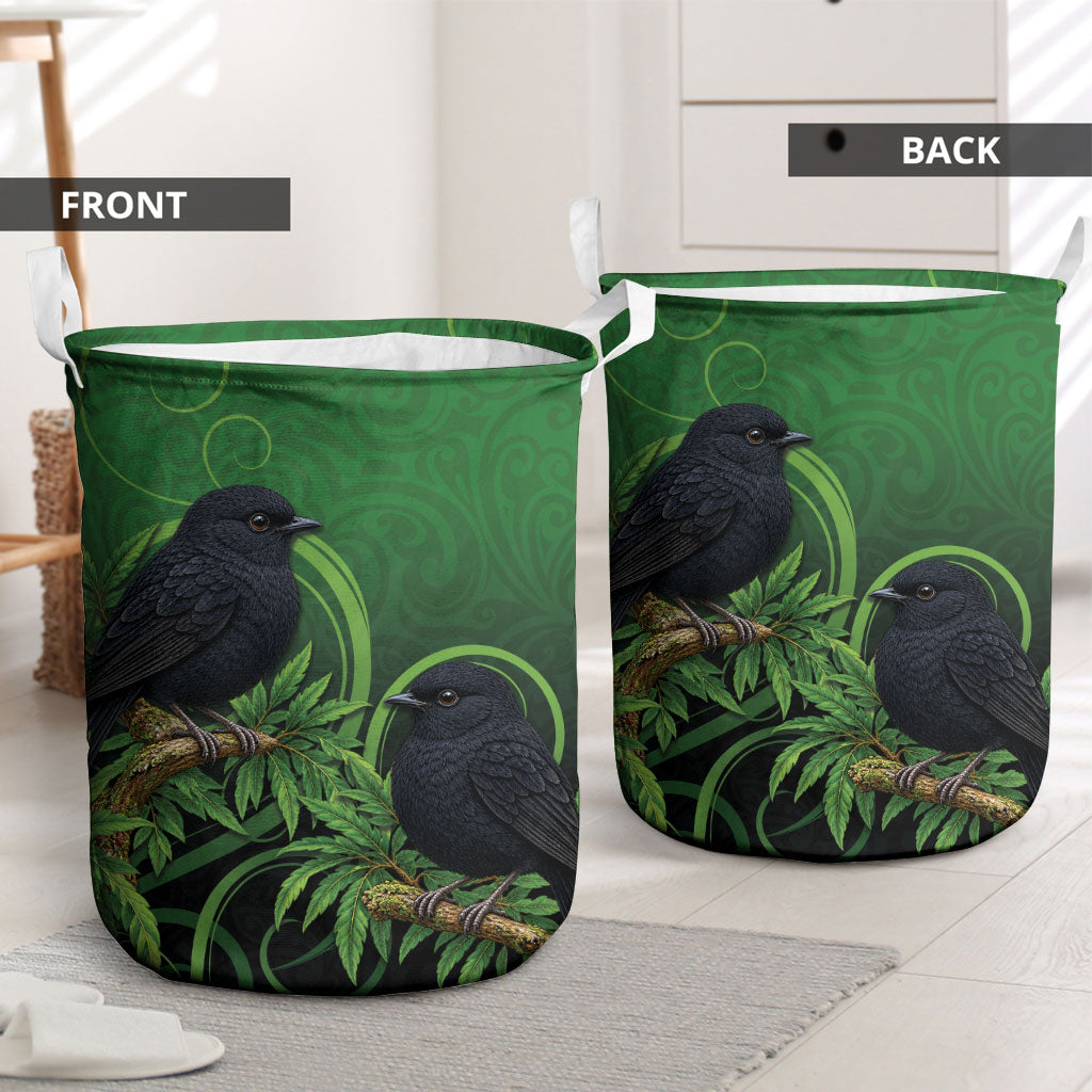 New Zealand Black Robin Laundry Basket Karure Maori Koru Art Tattoo