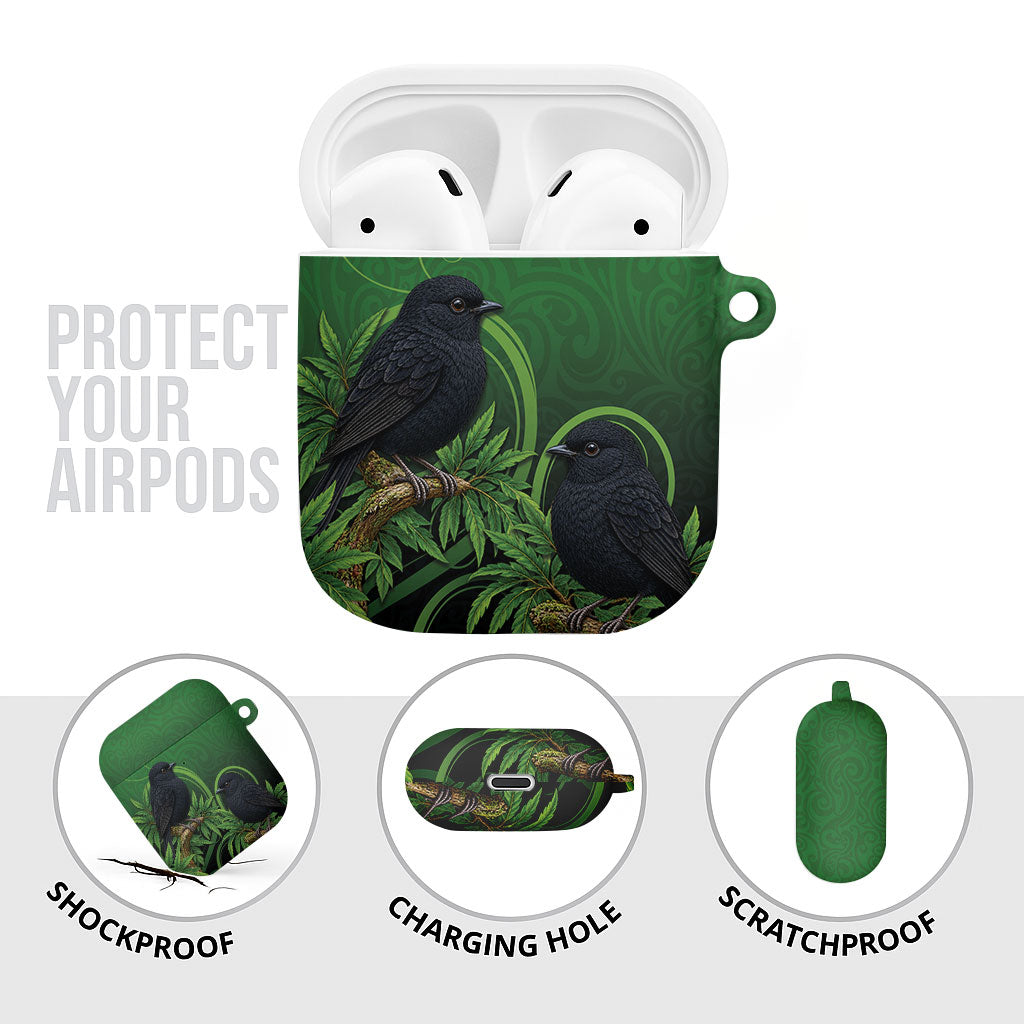 New Zealand Black Robin AirPods Case Karure Maori Koru Art Tattoo