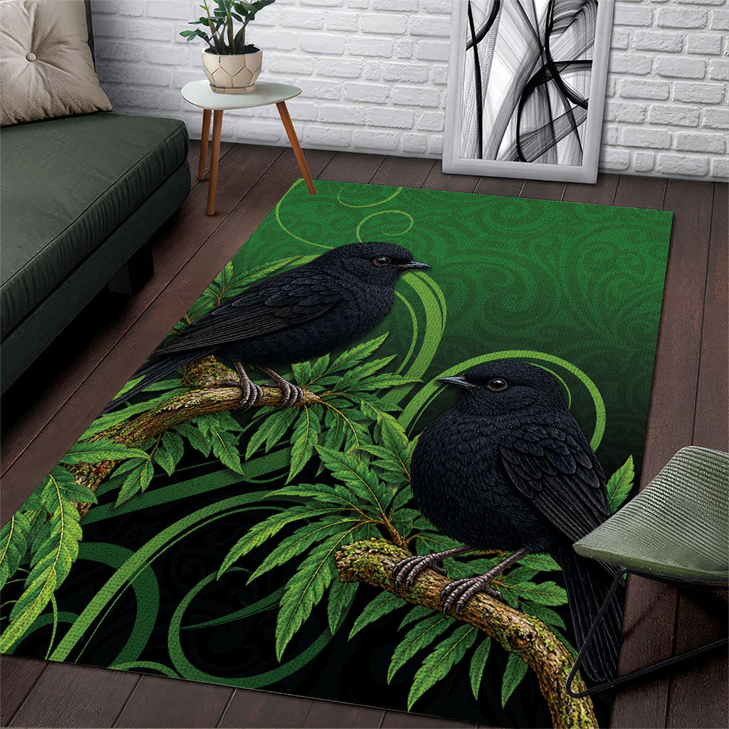New Zealand Black Robin Area Rug Karure Maori Koru Art Tattoo