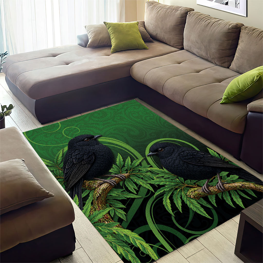 New Zealand Black Robin Area Rug Karure Maori Koru Art Tattoo