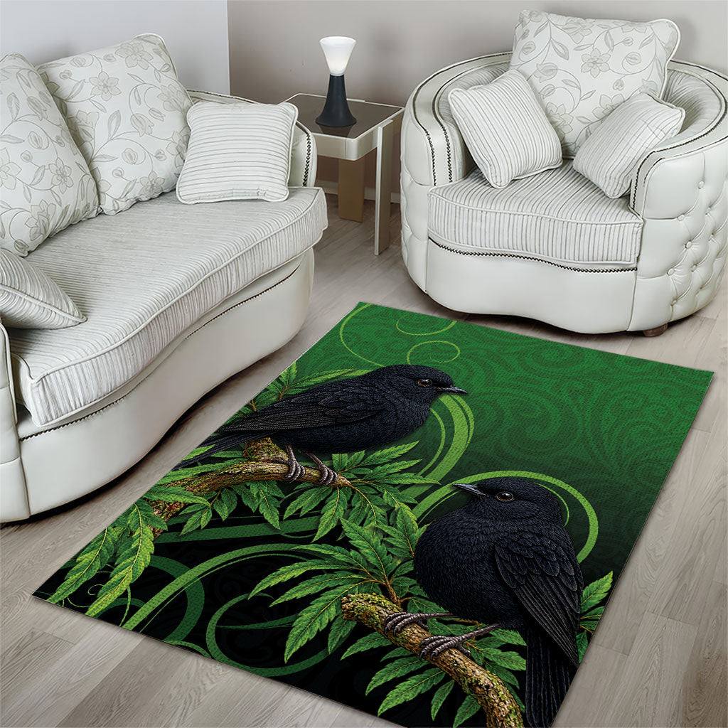 New Zealand Black Robin Area Rug Karure Maori Koru Art Tattoo