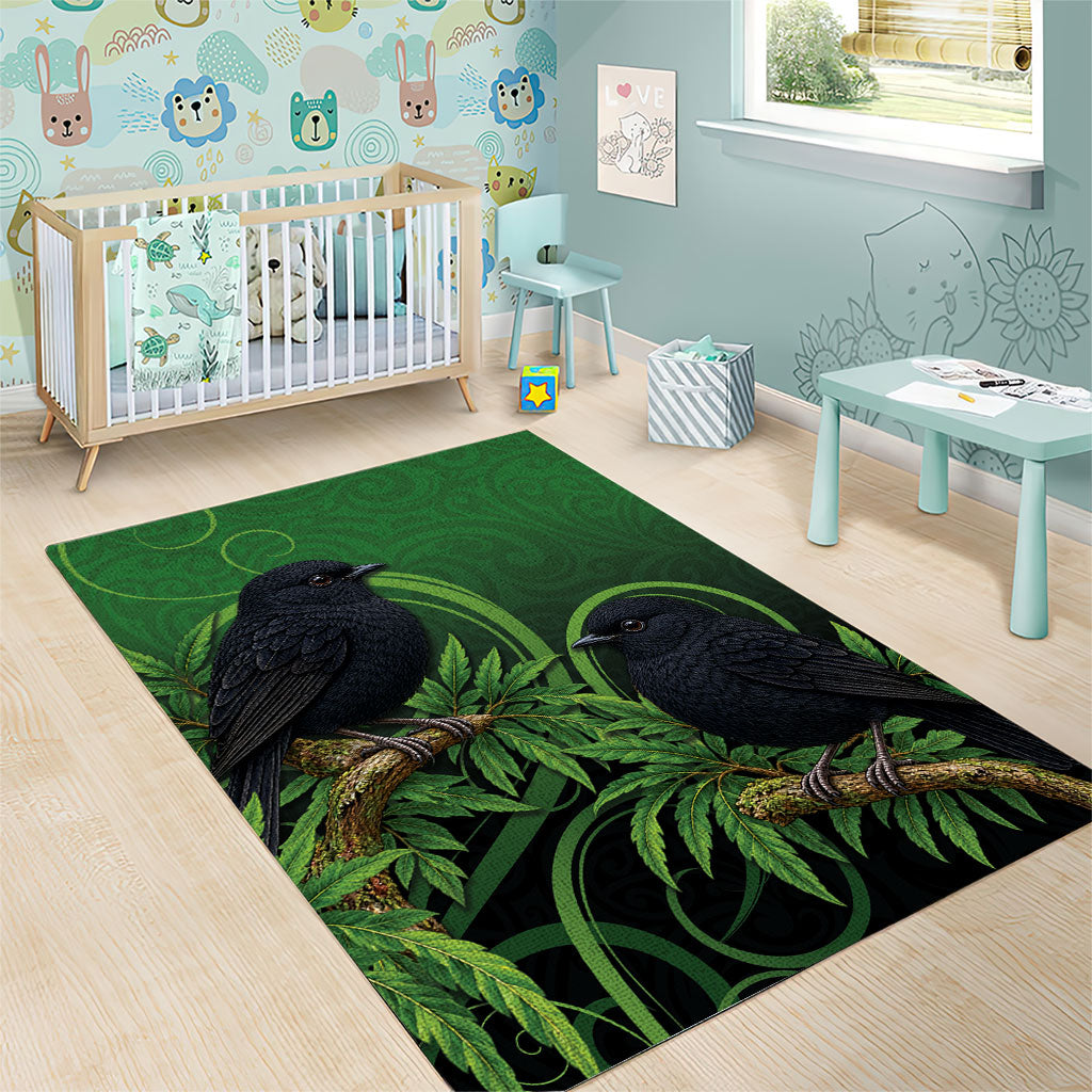 New Zealand Black Robin Area Rug Karure Maori Koru Art Tattoo