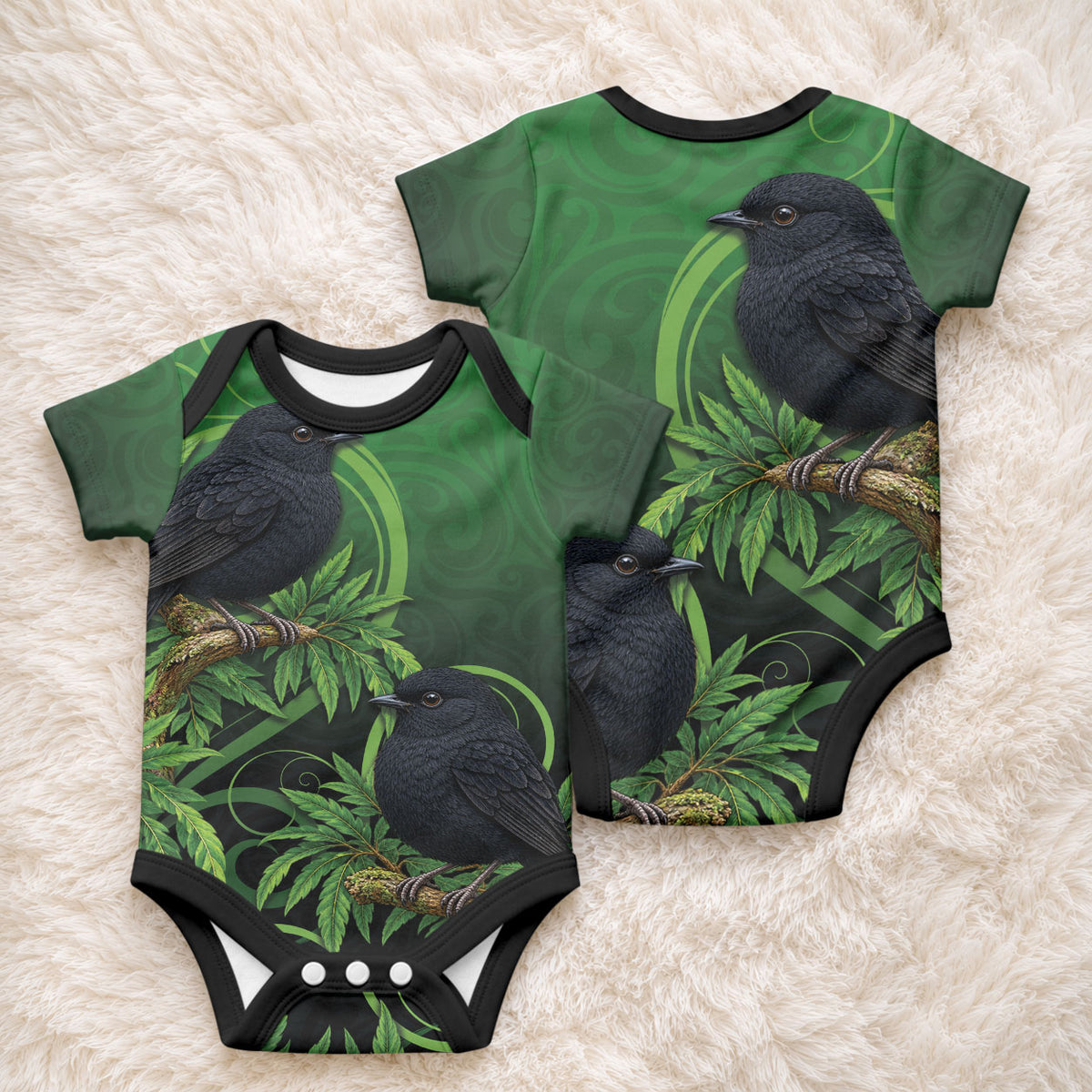 New Zealand Black Robin Baby Onesie Karure Maori Koru Art Tattoo