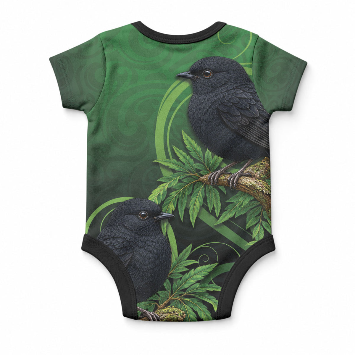 New Zealand Black Robin Baby Onesie Karure Maori Koru Art Tattoo