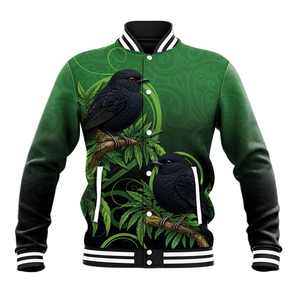 New Zealand Black Robin Baseball Jacket Karure Maori Koru Art Tattoo