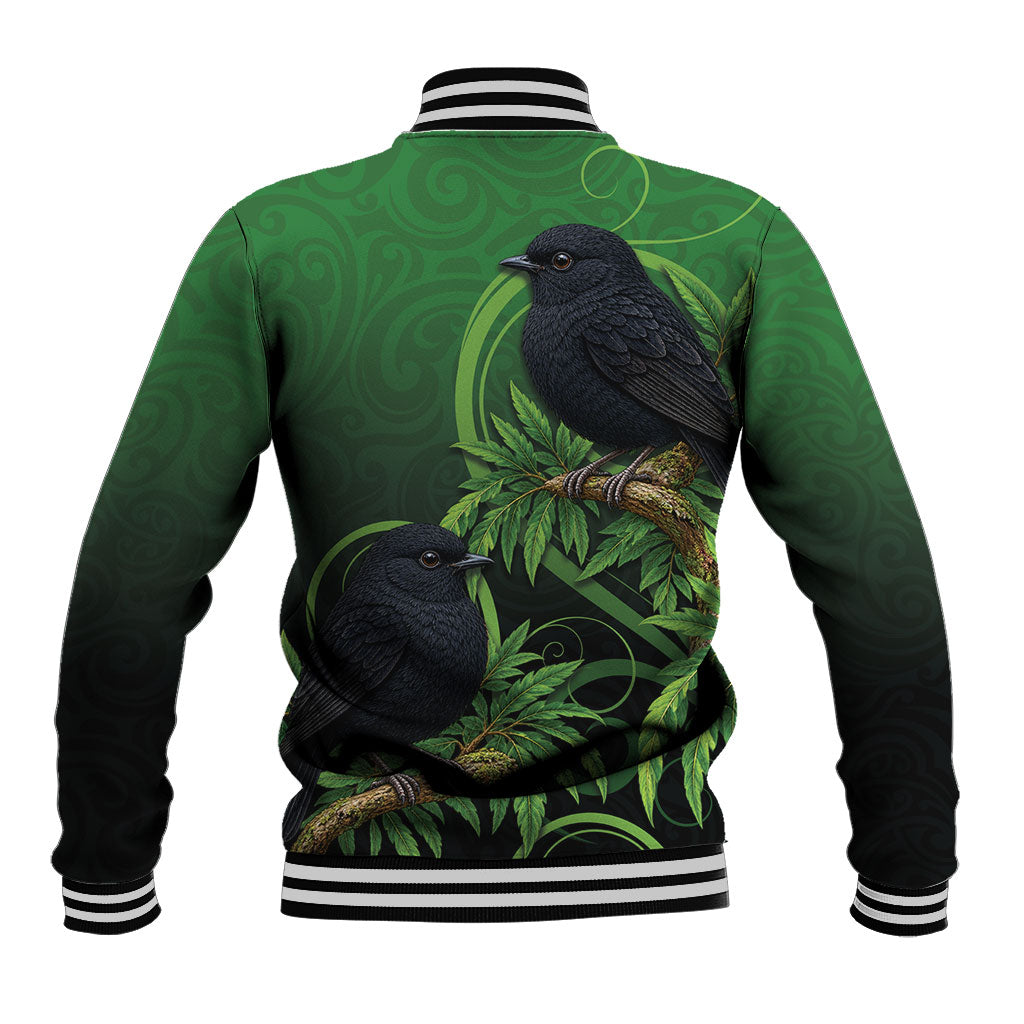 New Zealand Black Robin Baseball Jacket Karure Maori Koru Art Tattoo