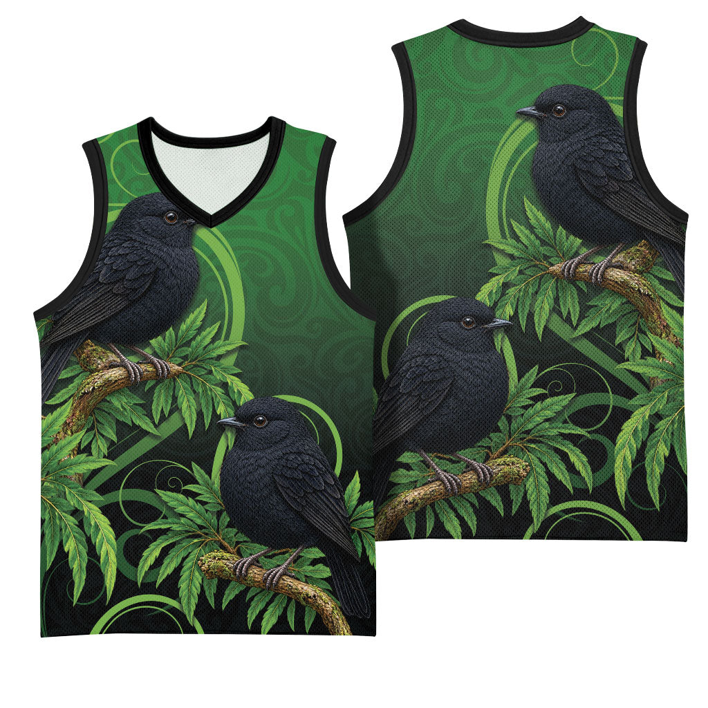 New Zealand Black Robin Basketball Jersey Karure Maori Koru Art Tattoo