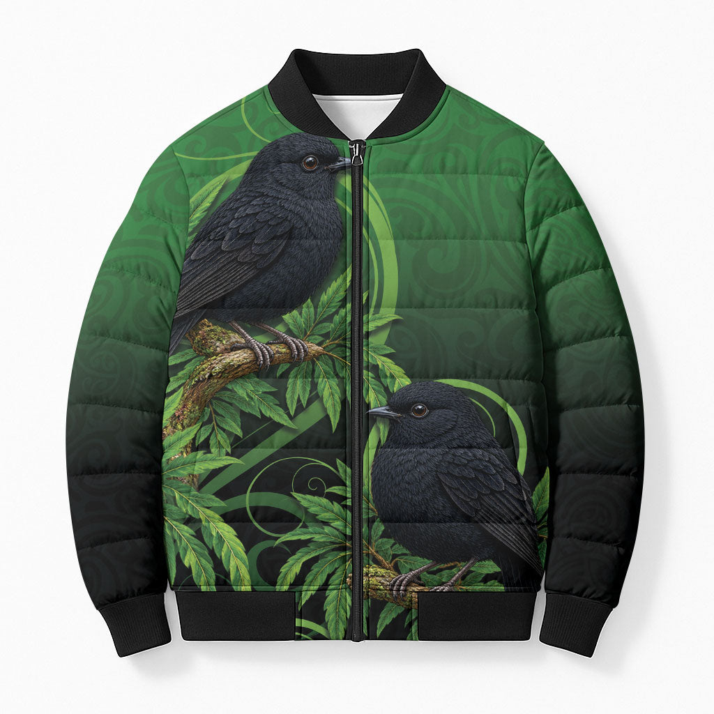 New Zealand Black Robin Bomber Puffer Jacket Karure Maori Koru Art Tattoo