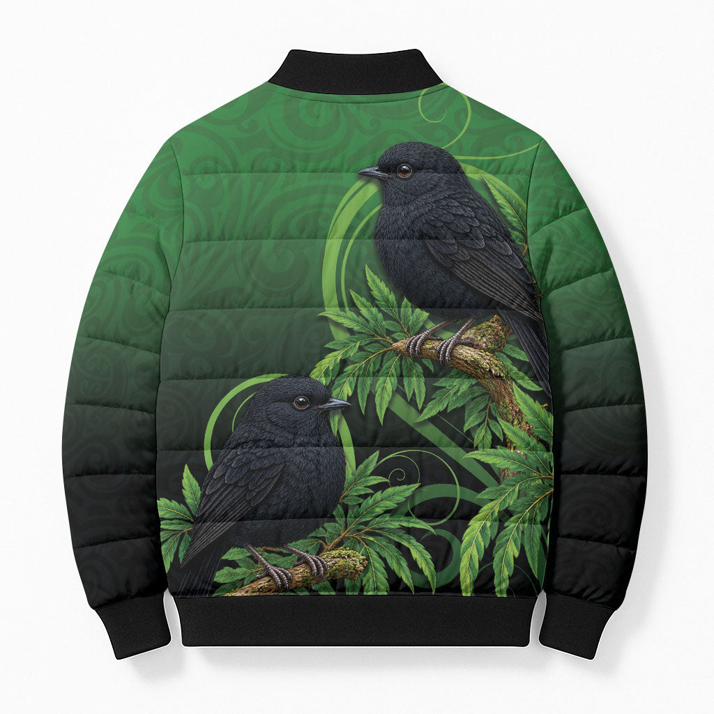 New Zealand Black Robin Bomber Puffer Jacket Karure Maori Koru Art Tattoo