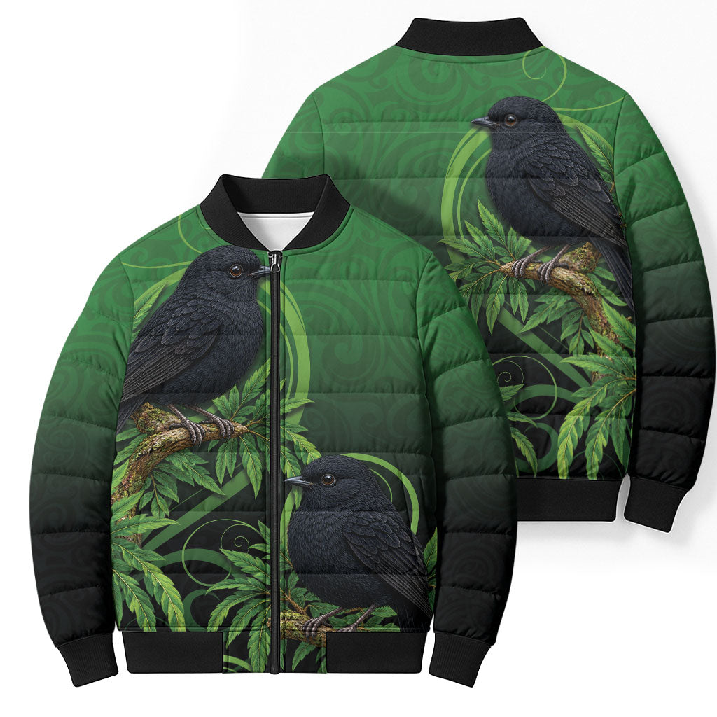 New Zealand Black Robin Bomber Puffer Jacket Karure Maori Koru Art Tattoo