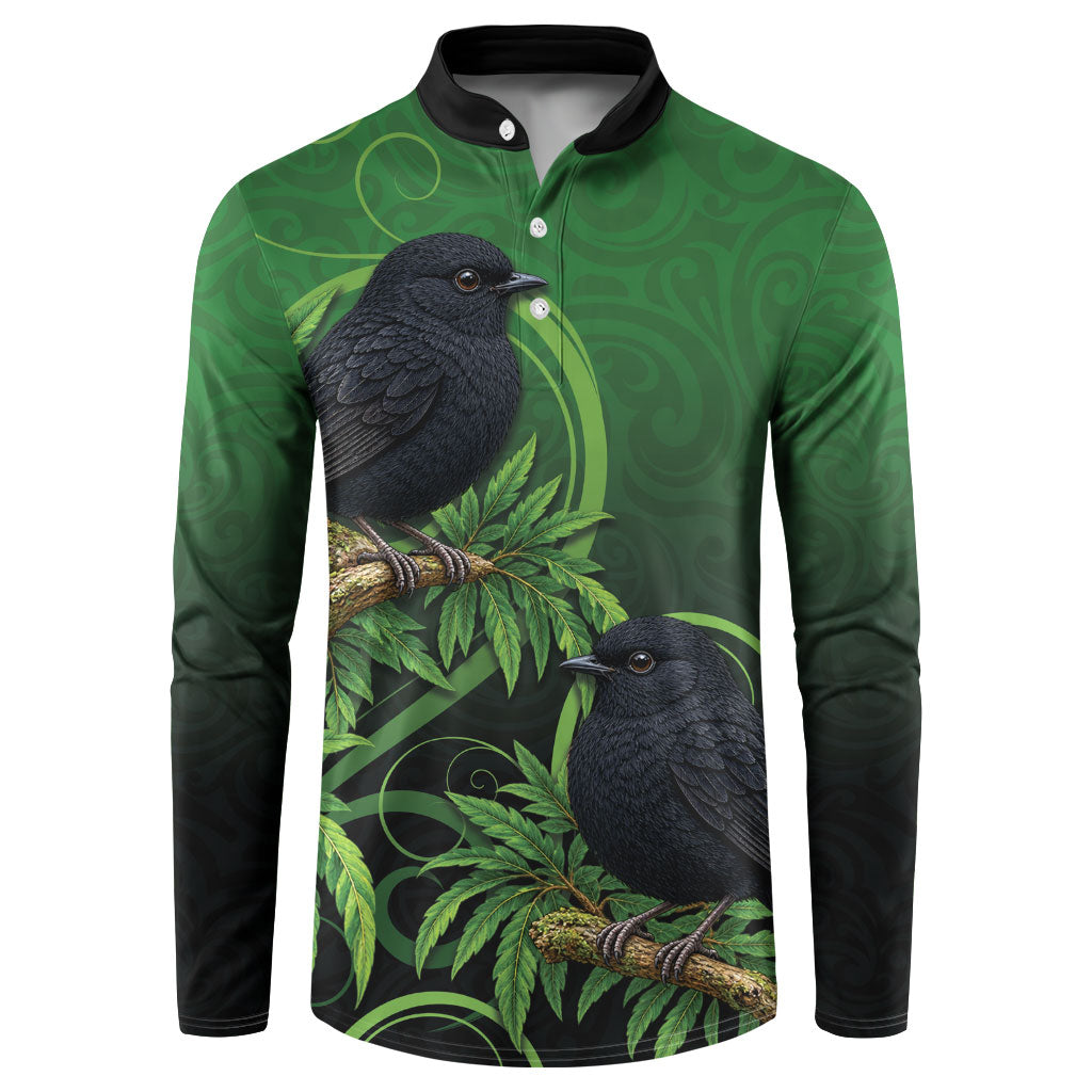 New Zealand Black Robin Button Sweatshirt Karure Maori Koru Art Tattoo