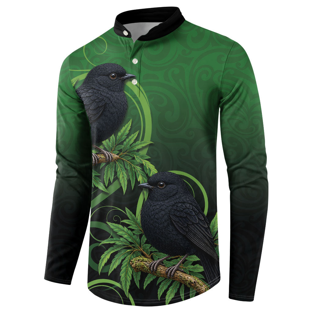New Zealand Black Robin Button Sweatshirt Karure Maori Koru Art Tattoo