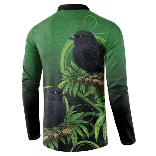 New Zealand Black Robin Button Sweatshirt Karure Maori Koru Art Tattoo