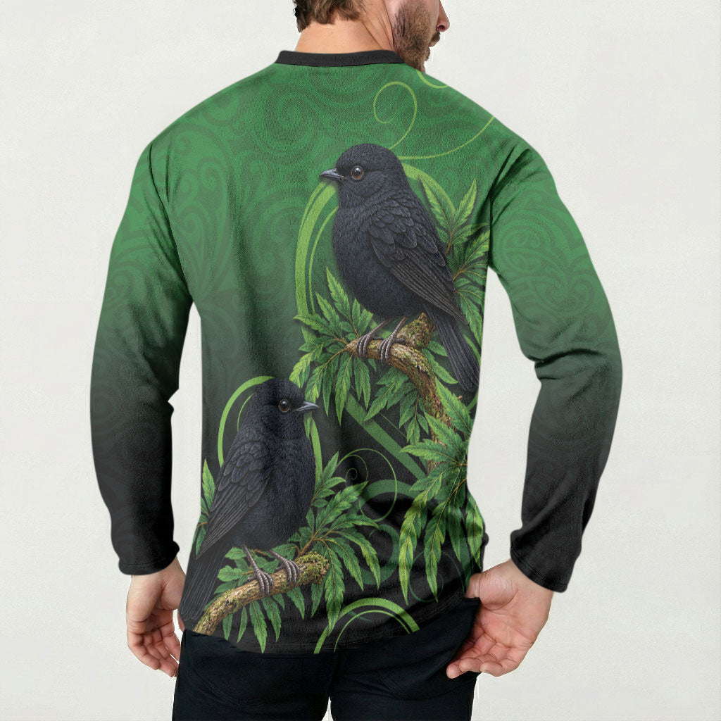 New Zealand Black Robin Button Sweatshirt Karure Maori Koru Art Tattoo