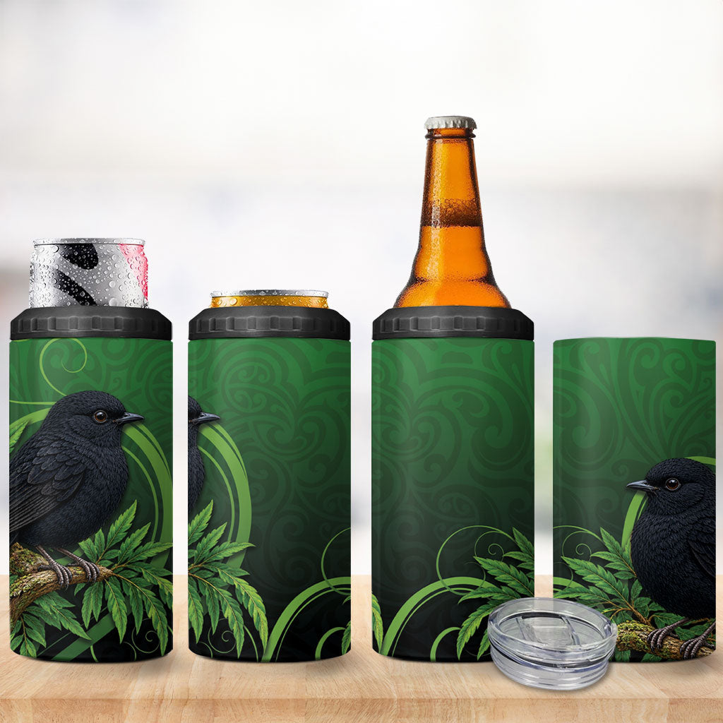 New Zealand Black Robin 4 in 1 Can Cooler Tumbler Karure Maori Koru Art Tattoo