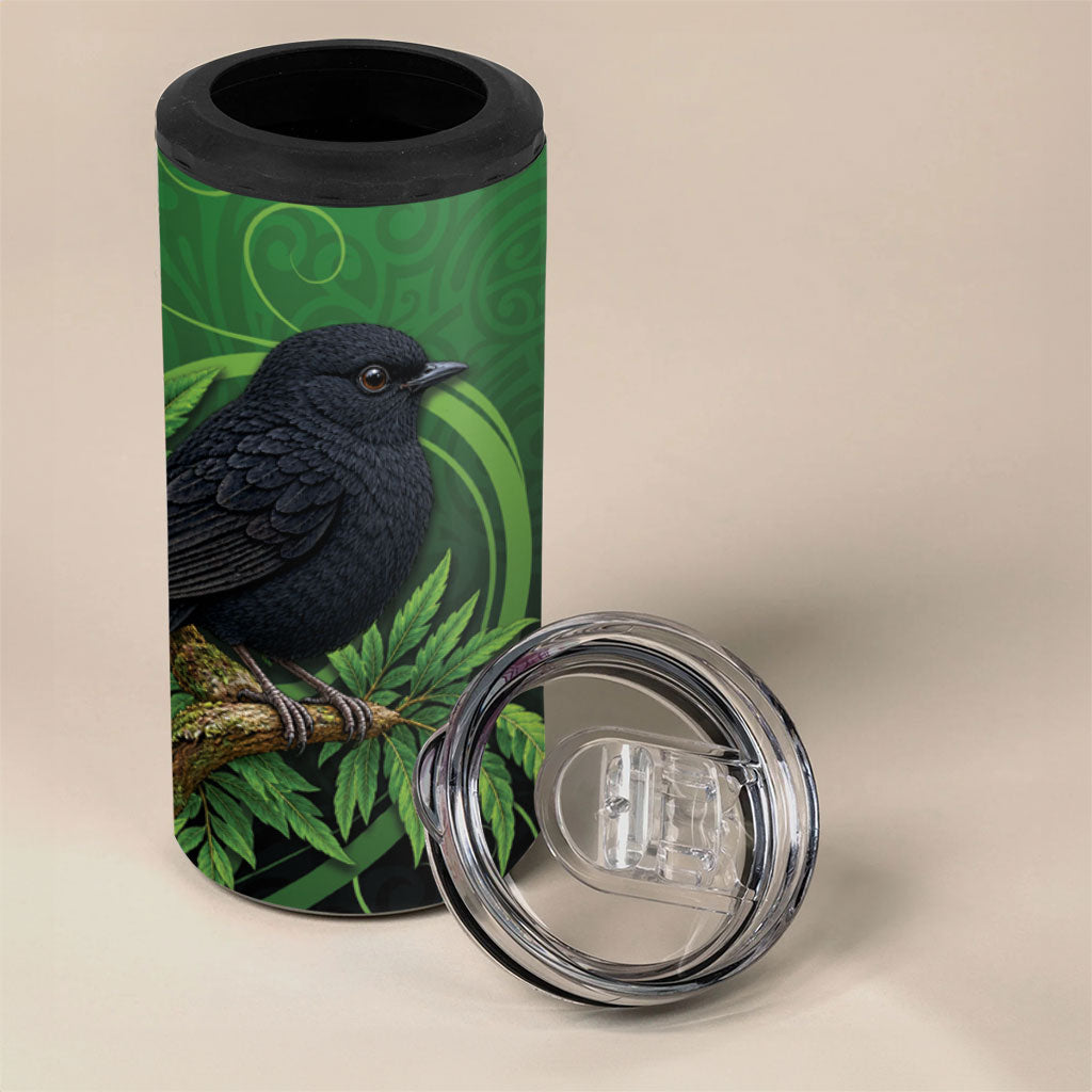 New Zealand Black Robin 4 in 1 Can Cooler Tumbler Karure Maori Koru Art Tattoo