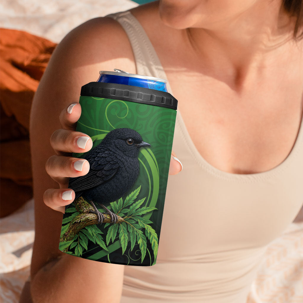 New Zealand Black Robin 4 in 1 Can Cooler Tumbler Karure Maori Koru Art Tattoo