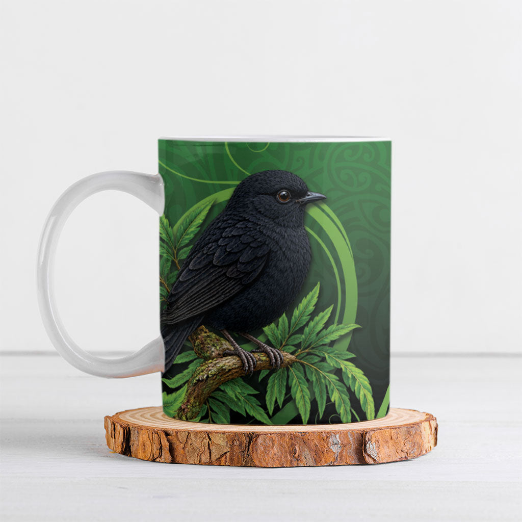 New Zealand Black Robin Ceramic Mug Karure Maori Koru Art Tattoo
