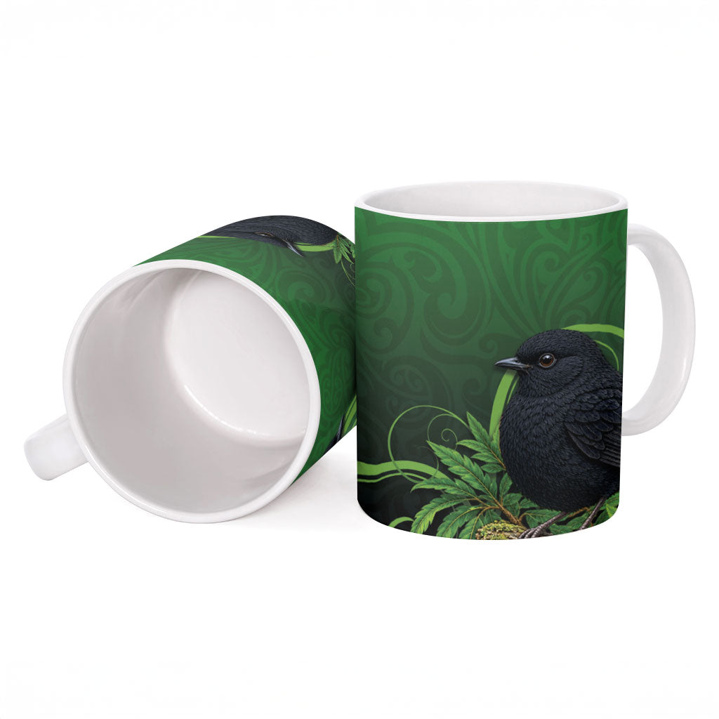 New Zealand Black Robin Ceramic Mug Karure Maori Koru Art Tattoo