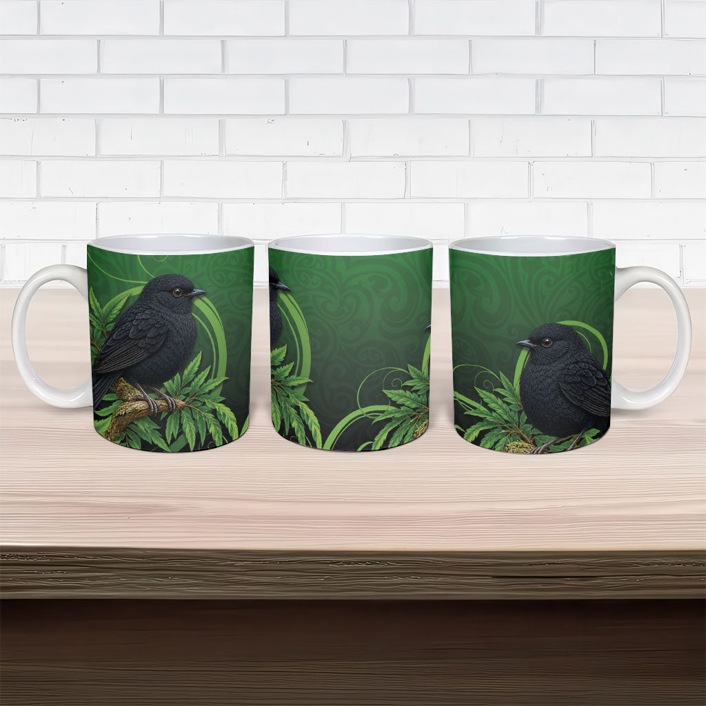 New Zealand Black Robin Ceramic Mug Karure Maori Koru Art Tattoo