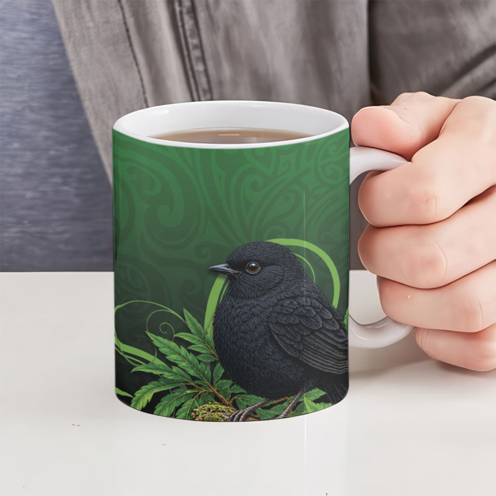 New Zealand Black Robin Ceramic Mug Karure Maori Koru Art Tattoo