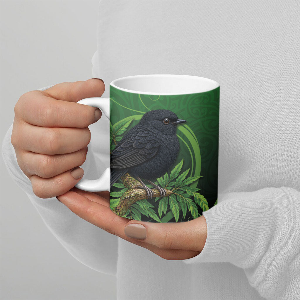 New Zealand Black Robin Ceramic Mug Karure Maori Koru Art Tattoo