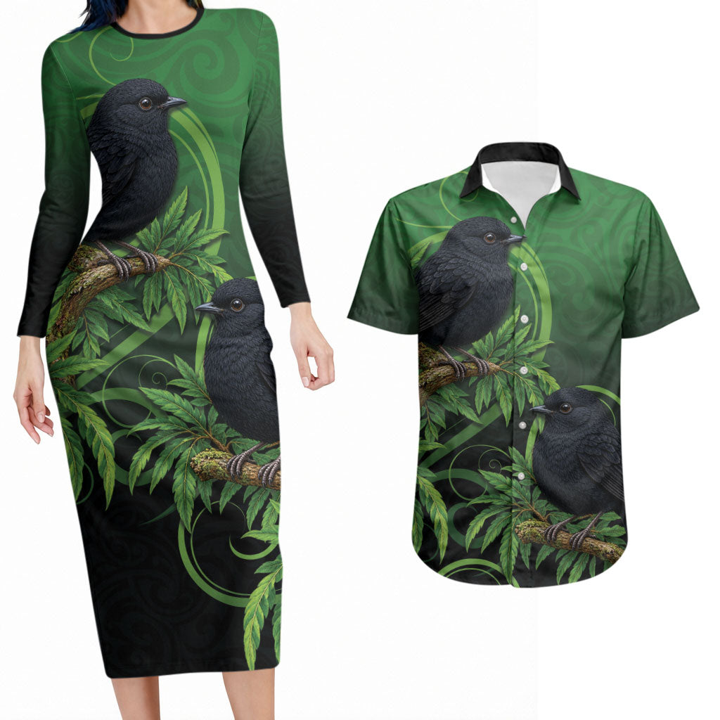New Zealand Black Robin Couples Matching Long Sleeve Bodycon Dress and Hawaiian Shirt Karure Maori Koru Art Tattoo