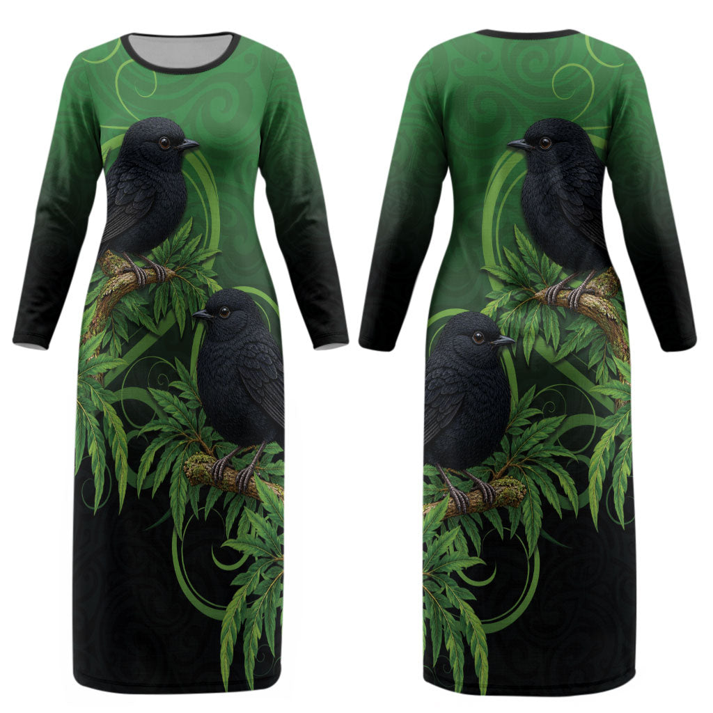 New Zealand Black Robin Couples Matching Long Sleeve Bodycon Dress and Hawaiian Shirt Karure Maori Koru Art Tattoo