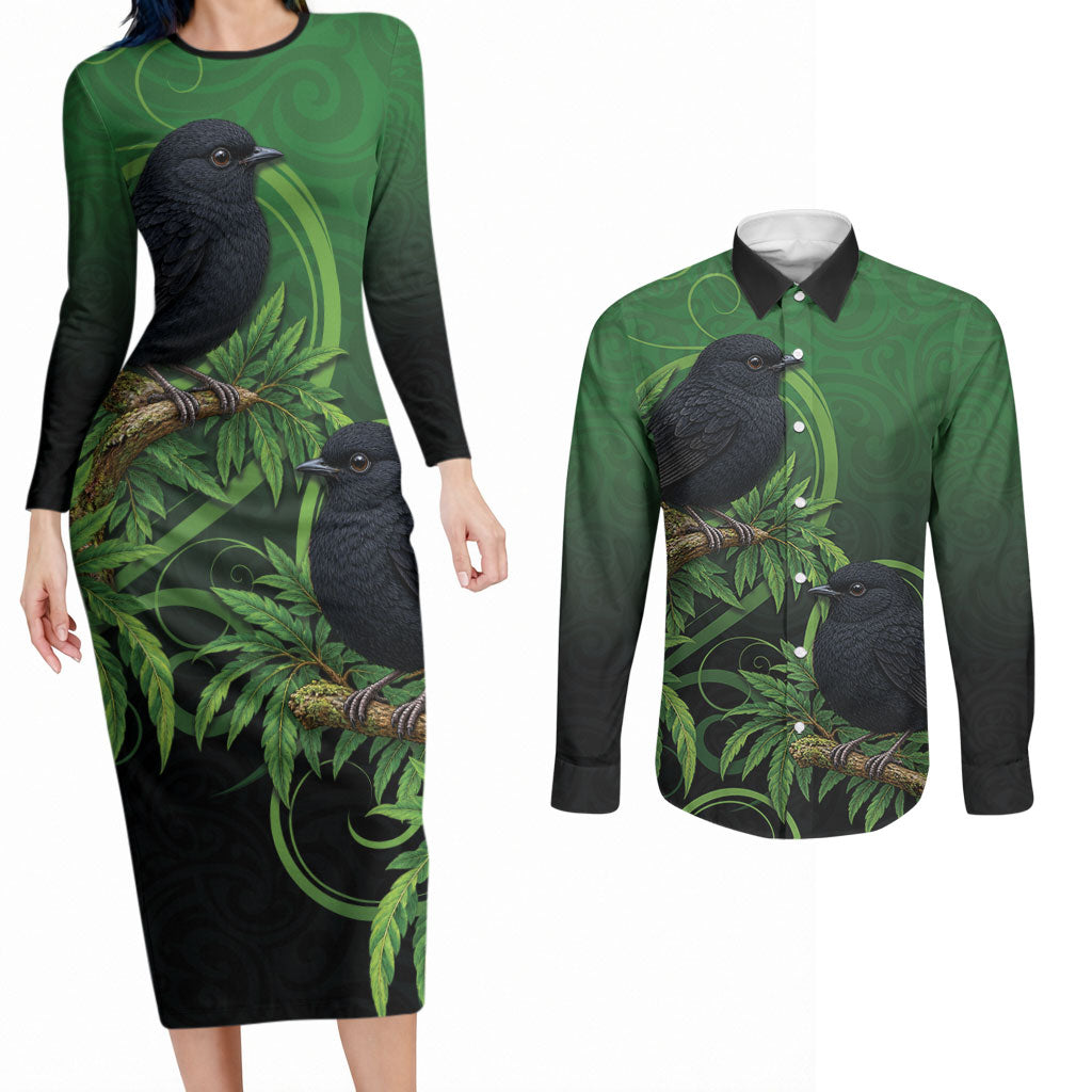 New Zealand Black Robin Couples Matching Long Sleeve Bodycon Dress and Long Sleeve Button Shirt Karure Maori Koru Art Tattoo