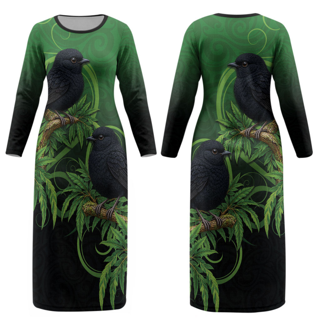 New Zealand Black Robin Couples Matching Long Sleeve Bodycon Dress and Long Sleeve Button Shirt Karure Maori Koru Art Tattoo