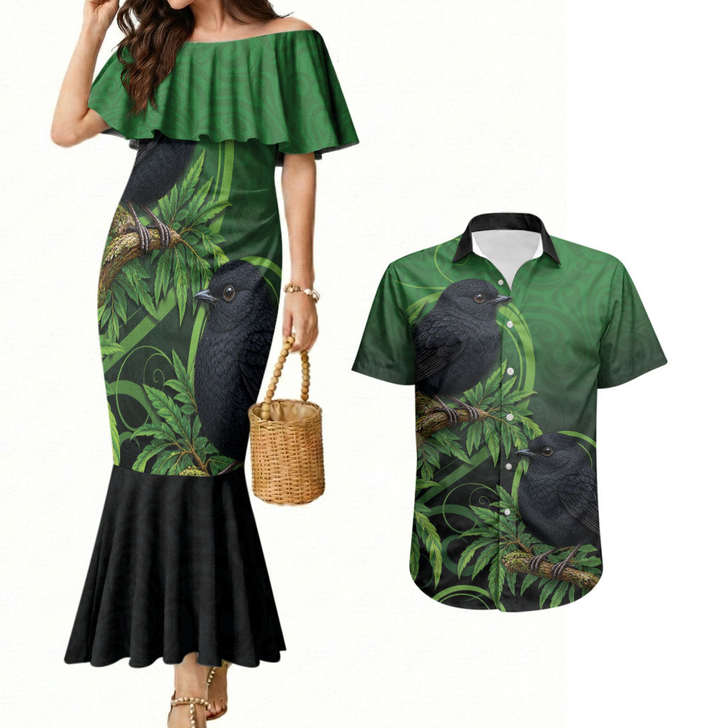 New Zealand Black Robin Couples Matching Mermaid Dress and Hawaiian Shirt Karure Maori Koru Art Tattoo