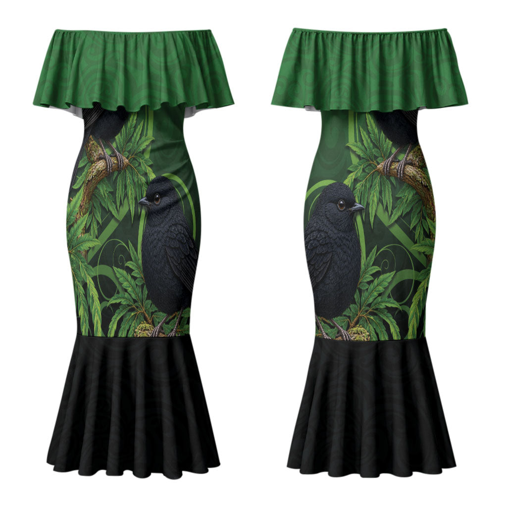 New Zealand Black Robin Couples Matching Mermaid Dress and Hawaiian Shirt Karure Maori Koru Art Tattoo
