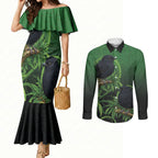 New Zealand Black Robin Couples Matching Mermaid Dress and Long Sleeve Button Shirt Karure Maori Koru Art Tattoo