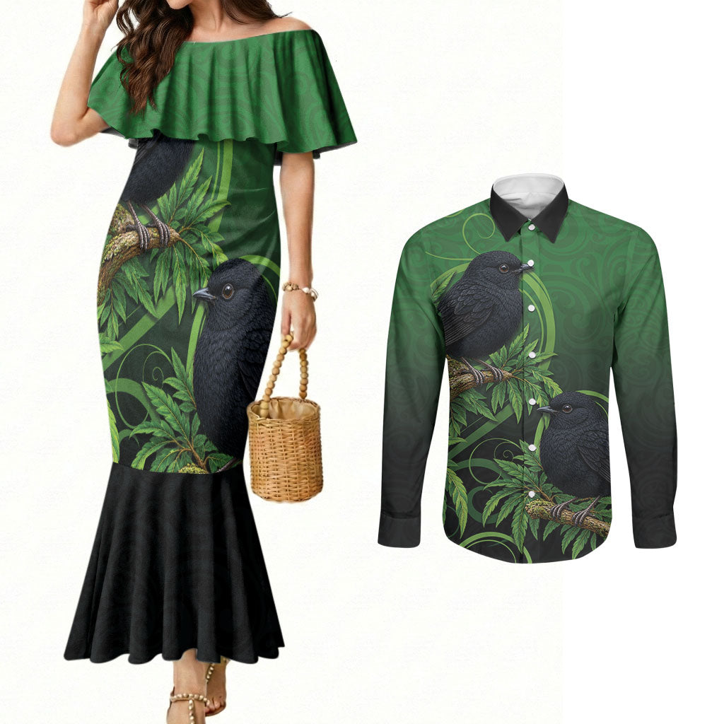 New Zealand Black Robin Couples Matching Mermaid Dress and Long Sleeve Button Shirt Karure Maori Koru Art Tattoo