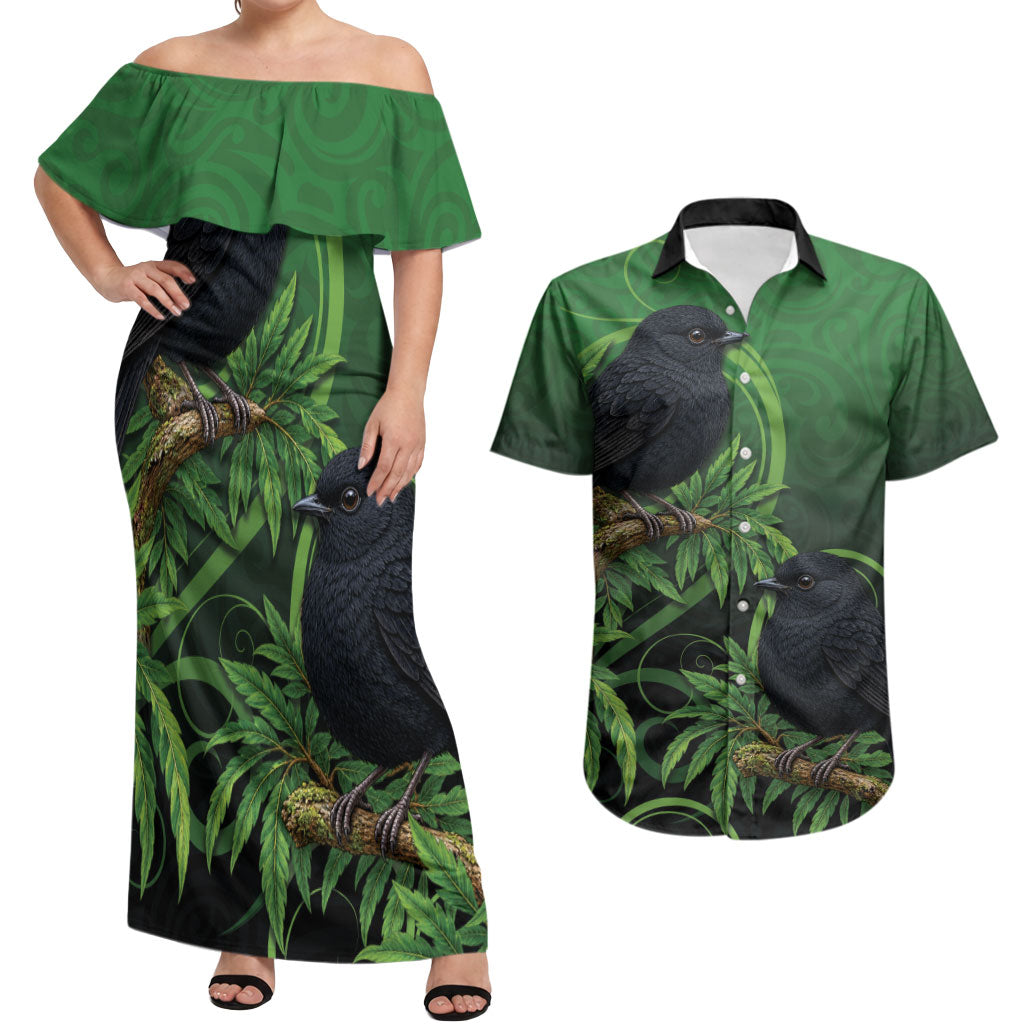 New Zealand Black Robin Couples Matching Off Shoulder Maxi Dress and Hawaiian Shirt Karure Maori Koru Art Tattoo